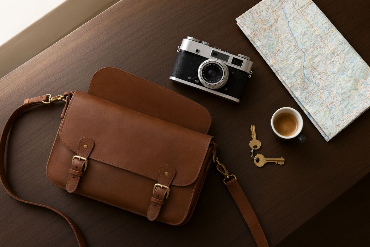 An overhead flat-lay on a dark walnut table with a tan leather satchel, a rangefinder camera, a folded map, two brass keys, and an espresso cup