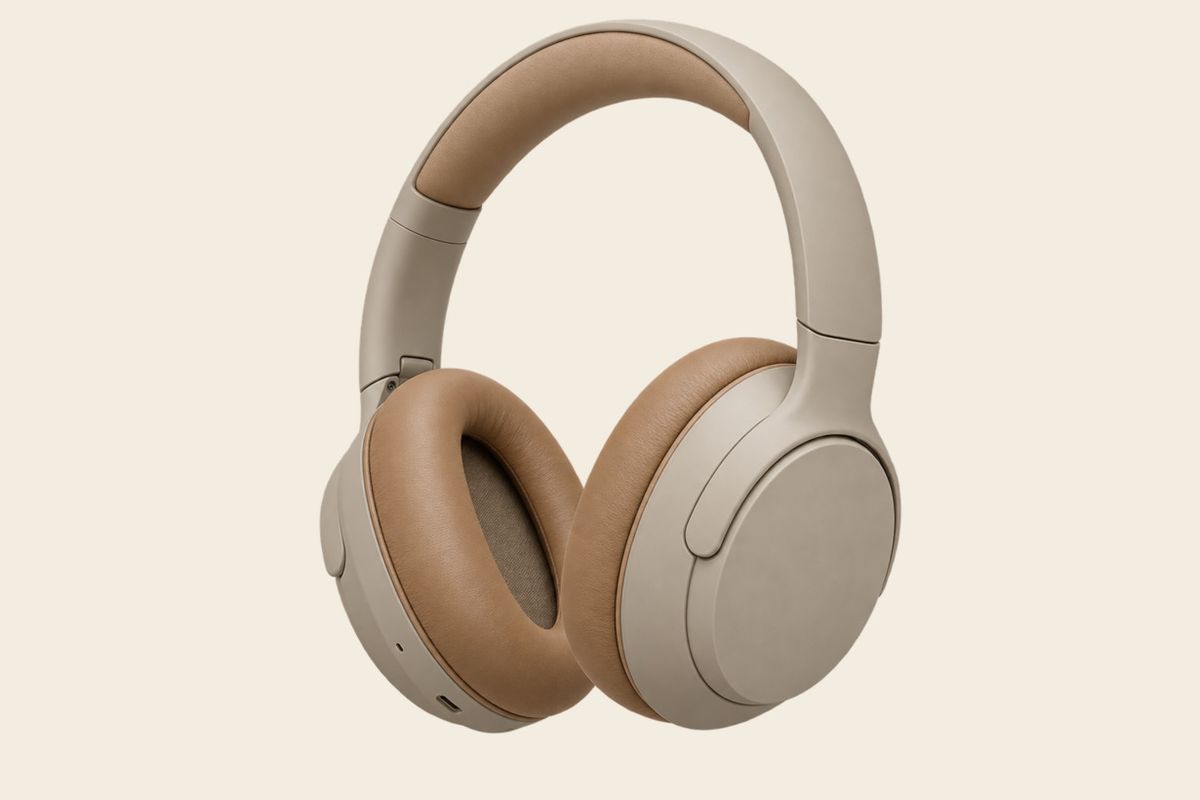 The matte sand headphones cut-out placed on a plain warm cream background