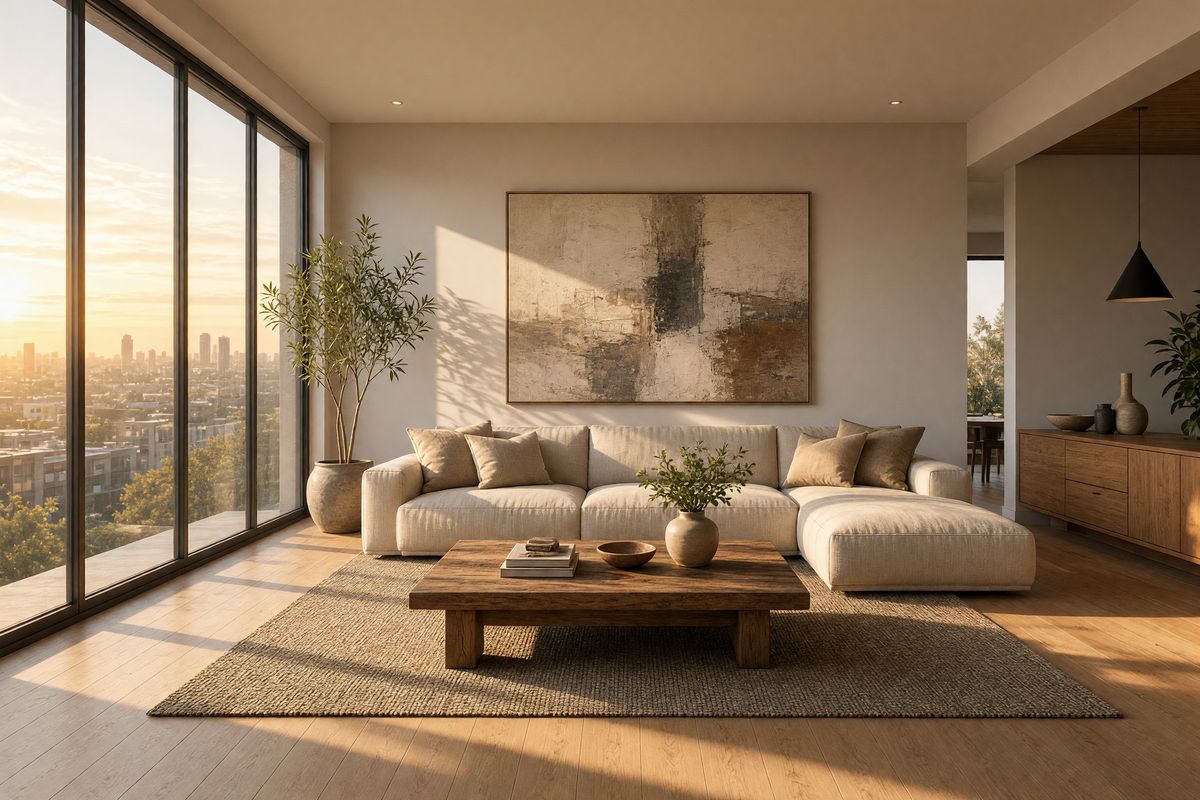 A wide architectural interior of a modern open-plan living room at golden hour, low sun across a pale oak floor and linen sofa, floor-to-ceiling windows with a soft city view