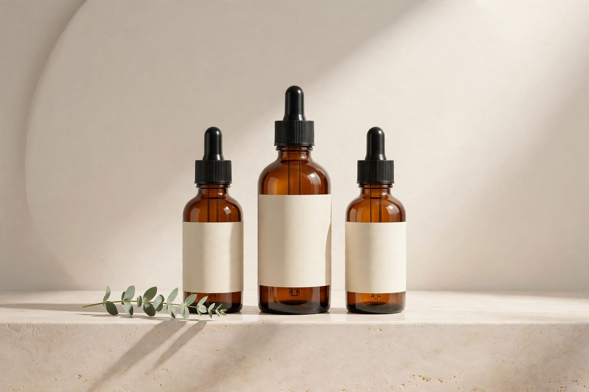 Three amber glass dropper bottles with matte cream labels and black caps standing evenly spaced on a pale travertine ledge, the tallest in the centre, a eucalyptus sprig lying in front of the left bottle, with three soft shadows falling to the lower left against a curved off-white wall