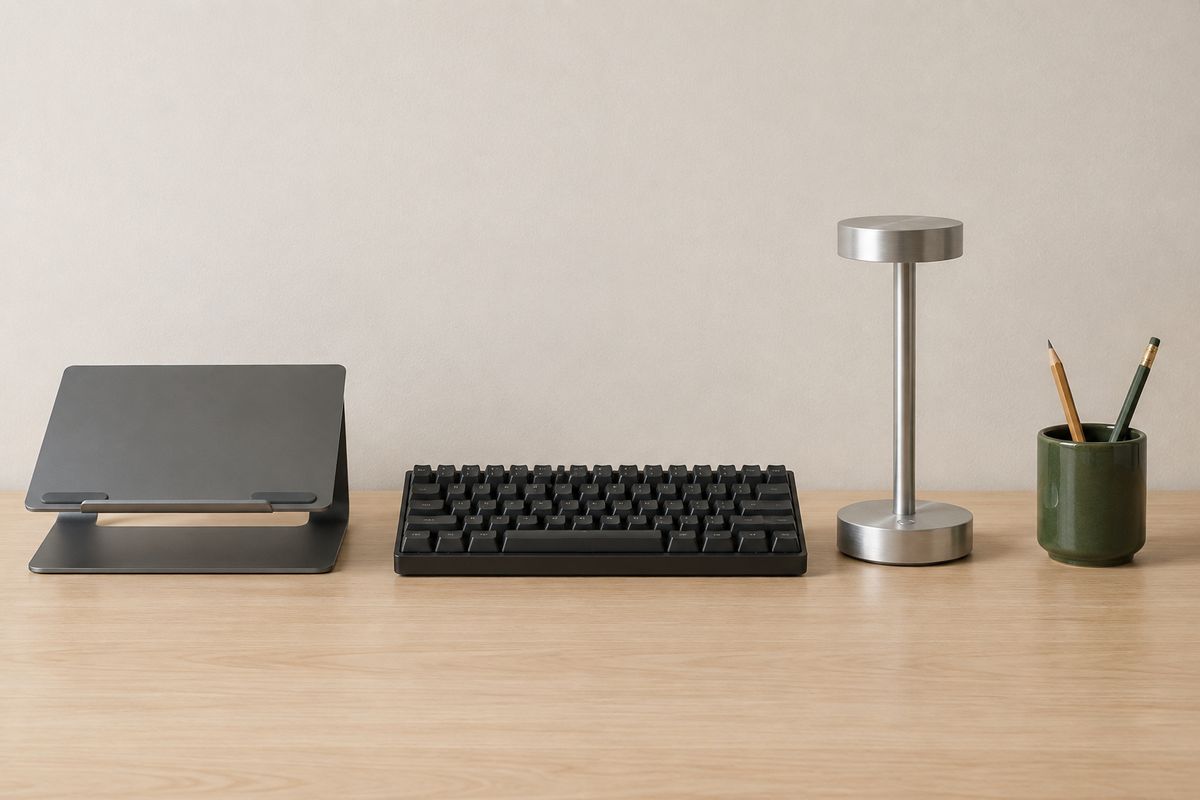 Four desk objects evenly spaced in a row on a pale oak desktop, a slate grey laptop stand, a matte black keyboard, a brushed aluminium desk lamp and a dark green ceramic pen cup holding two pencils, with empty wall above them