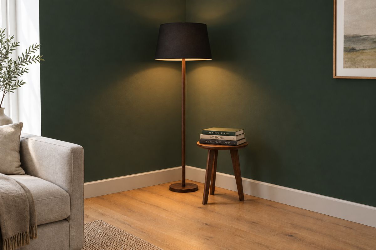 The same corner reached in a single edit, with a black shade, a green wall, books on the table and the lamp lit