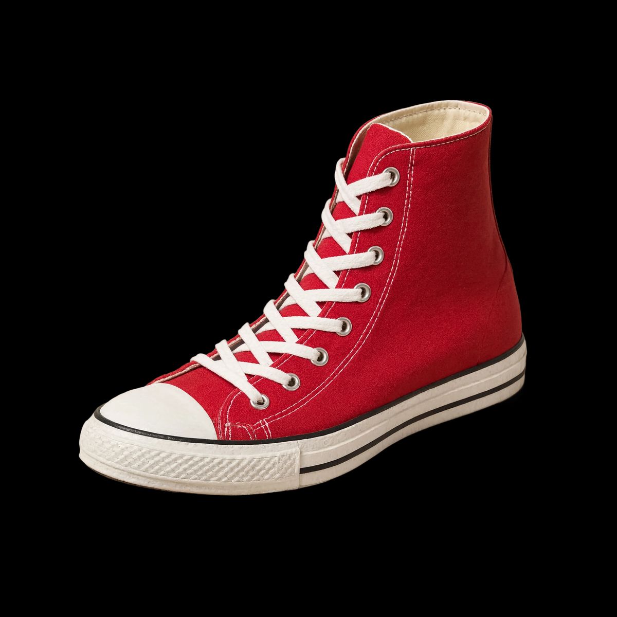 The same bright red high-top sneaker isolated with the warm cream studio backdrop cut out to alpha