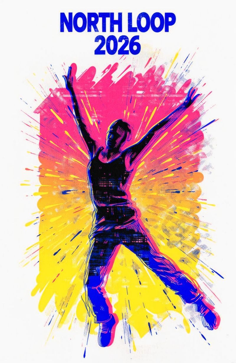 Poster of a stylized figure of a solo dancer mid-leap with arms extended overhead, silhouetted against a bold gradient sky, the words NORTH LOOP 2026 in a heavy block sans-serif at the top of the frame