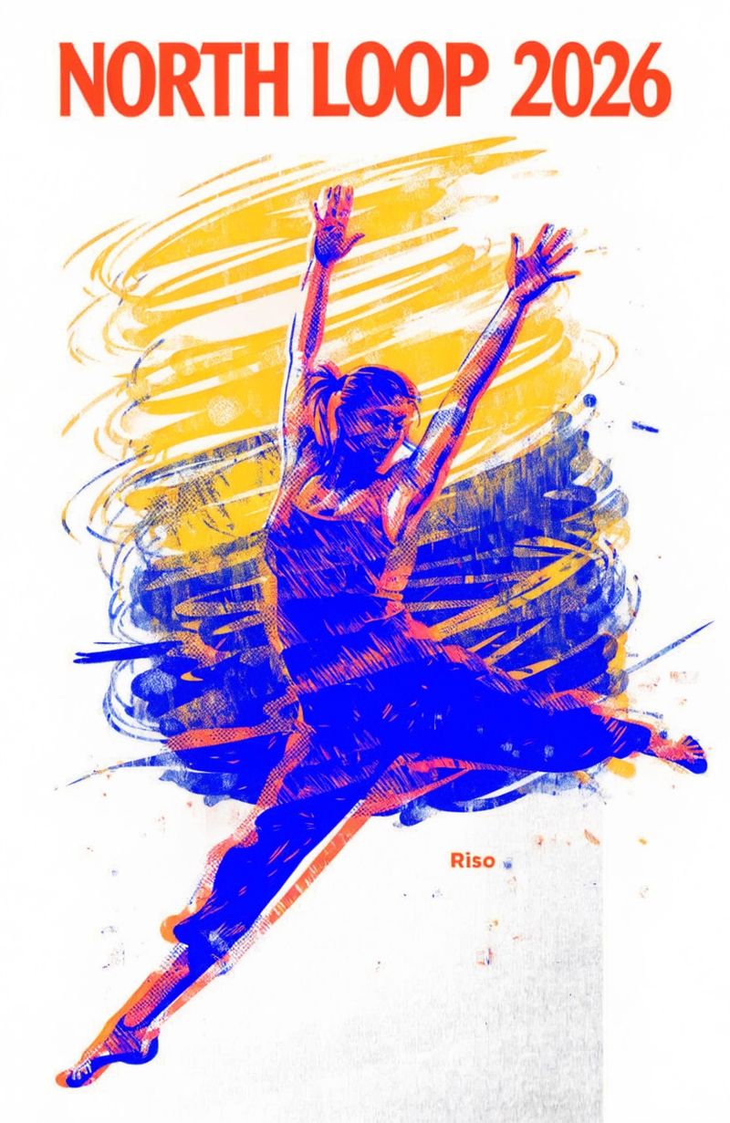 Riso print music festival poster of a stylized figure of a solo dancer mid-leap with arms extended overhead, silhouetted against a bold gradient sky, the words NORTH LOOP 2026 in a heavy block sans-serif at the top of the frame, layered fluorescent inks and grainy paper texture