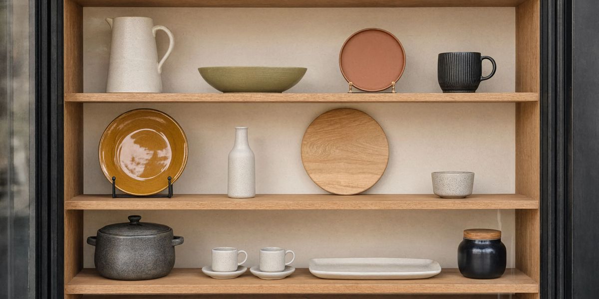 A wide retail storefront window with twelve handmade ceramic dinnerware pieces arranged across three warm oak shelves, with a matte-cream pitcher, olive-green bowl, terracotta plate and charcoal mug on the top shelf, an amber-glazed dinner plate, bud vase, bread board and sauce ramekin on the middle shelf, and a soup tureen, pair of espresso cups, cream serving platter and black tea caddy on the bottom shelf