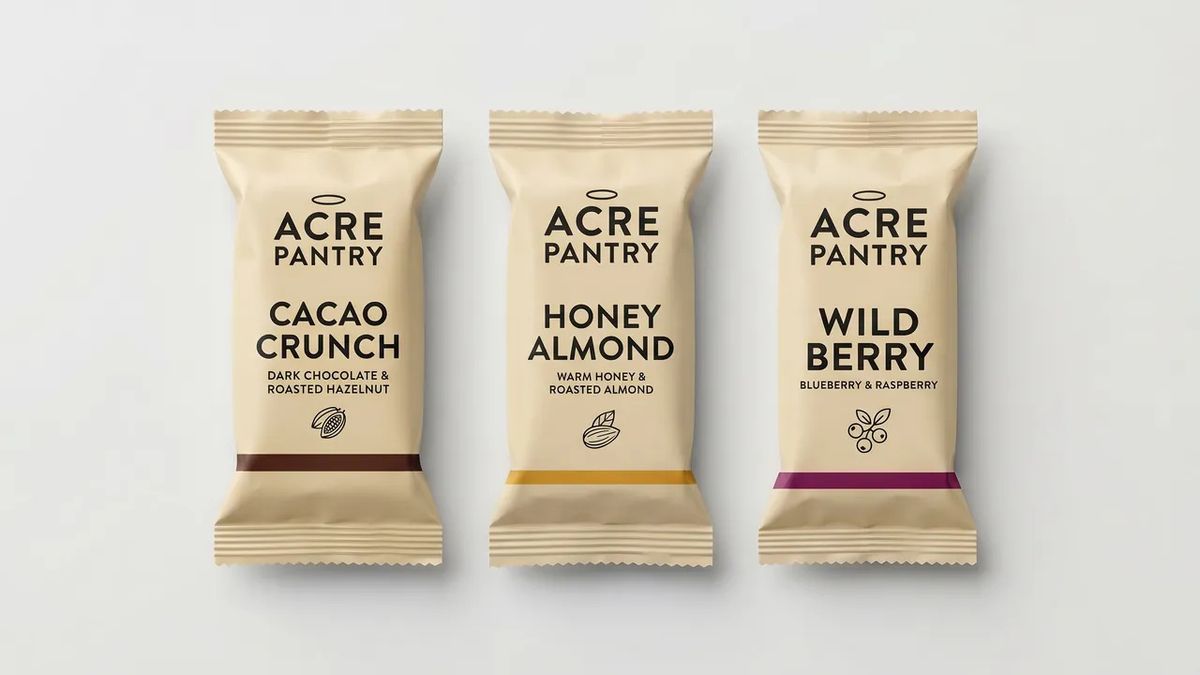 A creative of the Acre Pantry bars generated with vague feelings-based rubric dimensions, settling on the model's default tasteful product photography style
