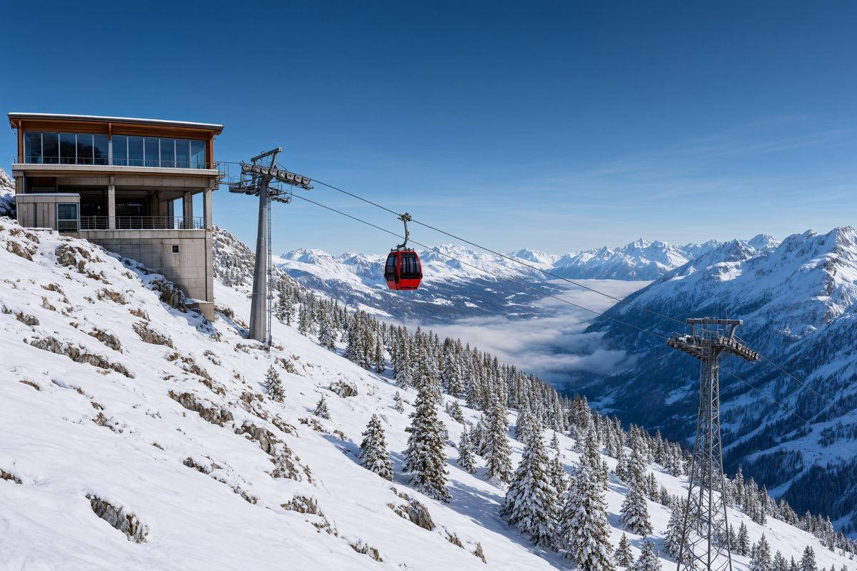 A concrete and timber cable car station on the left of frame with a red gondola centred on the cable above a snowy slope and a cloud-filled valley
