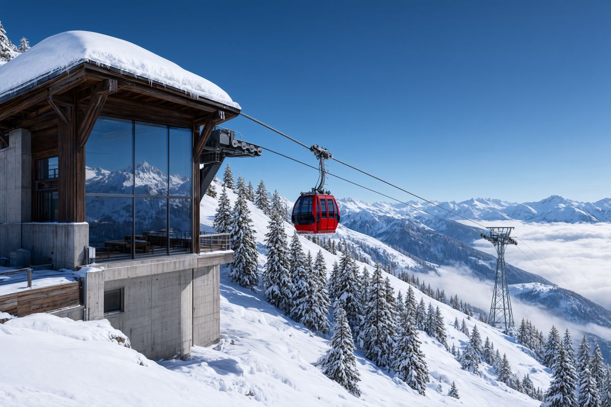 A snow-roofed timber cable car station filling the left of frame with a red gondola beyond it above pines and a cloud-filled valley