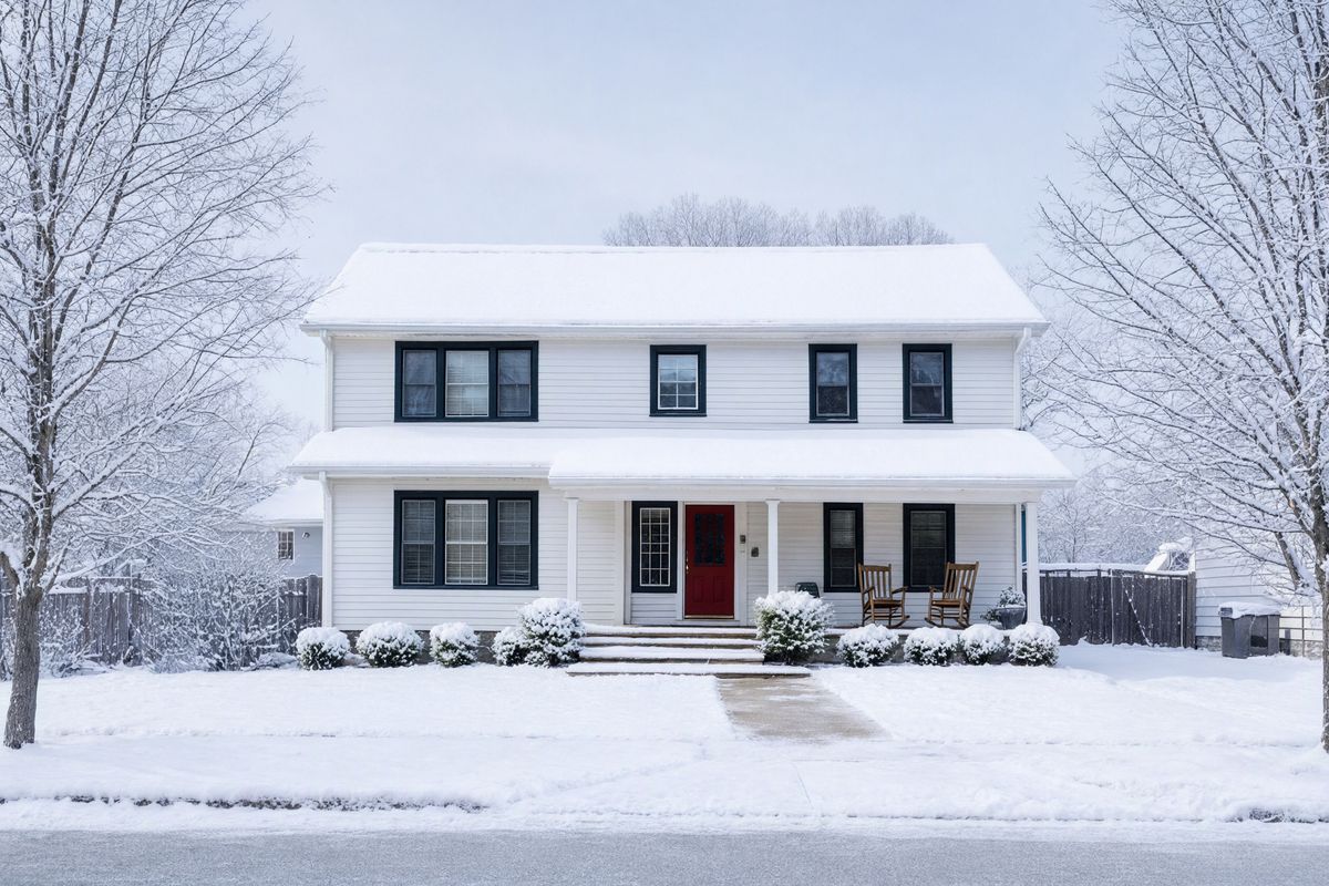 The same house under snow with bare trees, a snow-covered roof and lawn, and the front path still visible