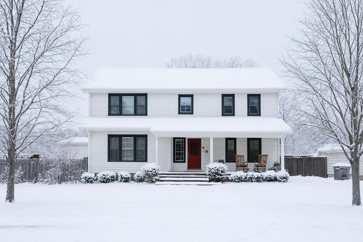 The same house under heavier snow that also covers the front path and the street, with bare trees