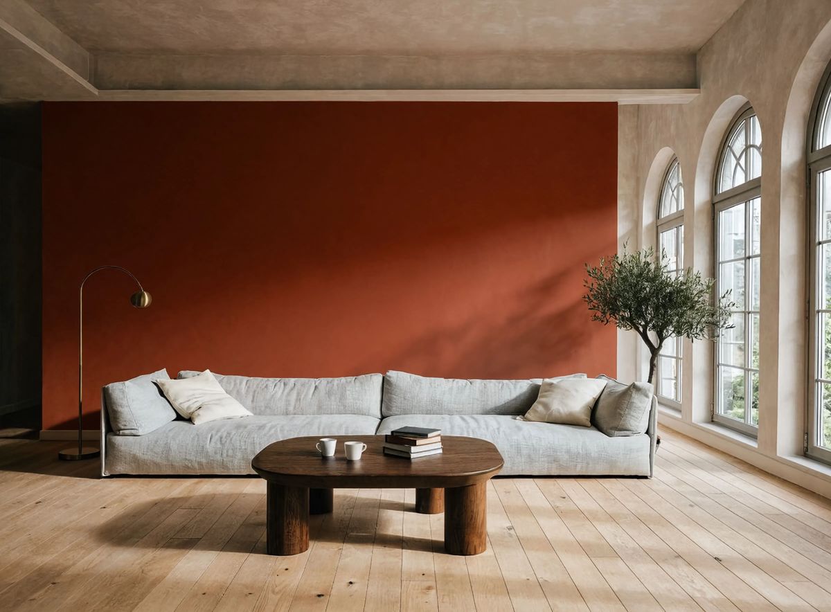 The same living room with the feature wall behind the sofa now painted a deep terracotta clay red, all other elements unchanged