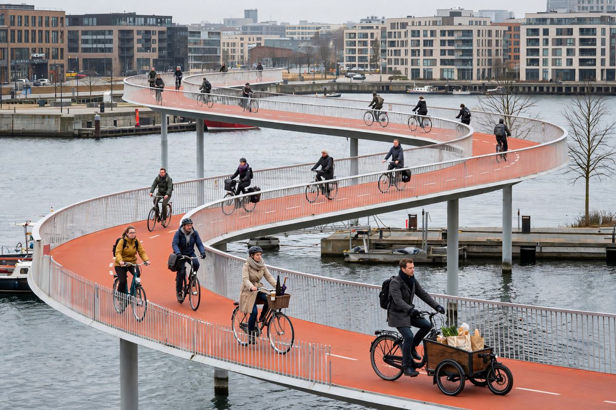 Cyclists in work clothes riding an elevated orange cycle ramp with slim steel railings as it curves over a harbour, modern apartment blocks behind under overcast daylight