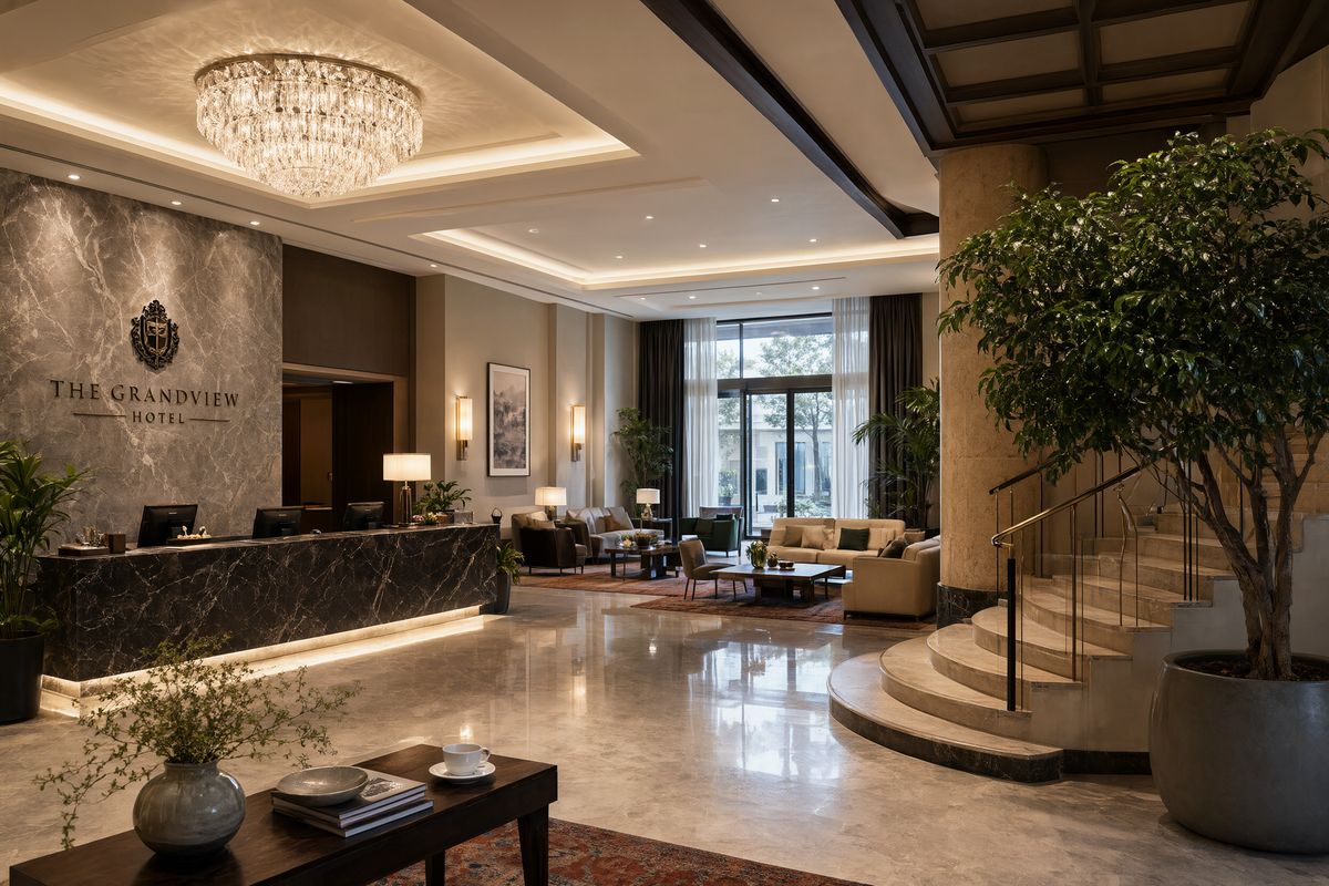A hotel lobby with a dark marble reception desk under a wall sign reading THE GRANDVIEW HOTEL, a crystal chandelier, a curved staircase, a large potted tree, and a lounge by tall windows