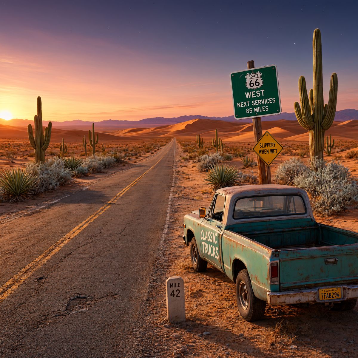 A desert highway at sunset with a Route 66 sign, saguaro cacti, and a vintage teal pickup truck parked on the roadside