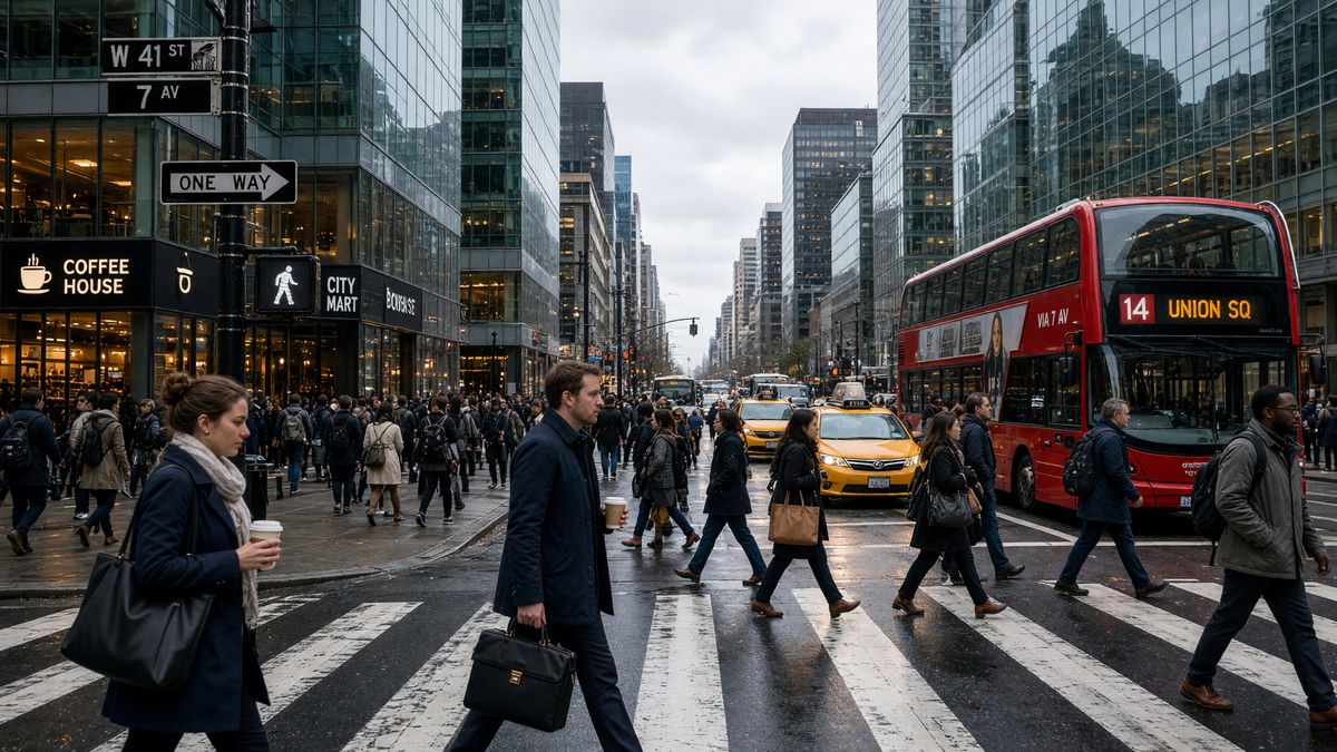 A photoreal street-level view of a busy city pedestrian crossing at rush hour with commuters mid-stride, yellow taxis, a red bus, glass towers, and wet reflective pavement