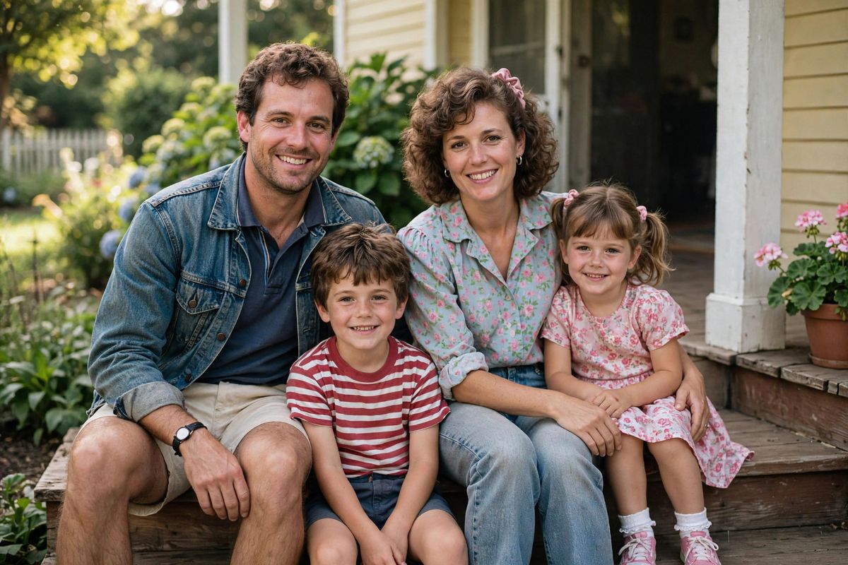 The same family photo with natural skin tones and daylight restored, the grain cleared, and the faces, clothing, and wooden steps sharp