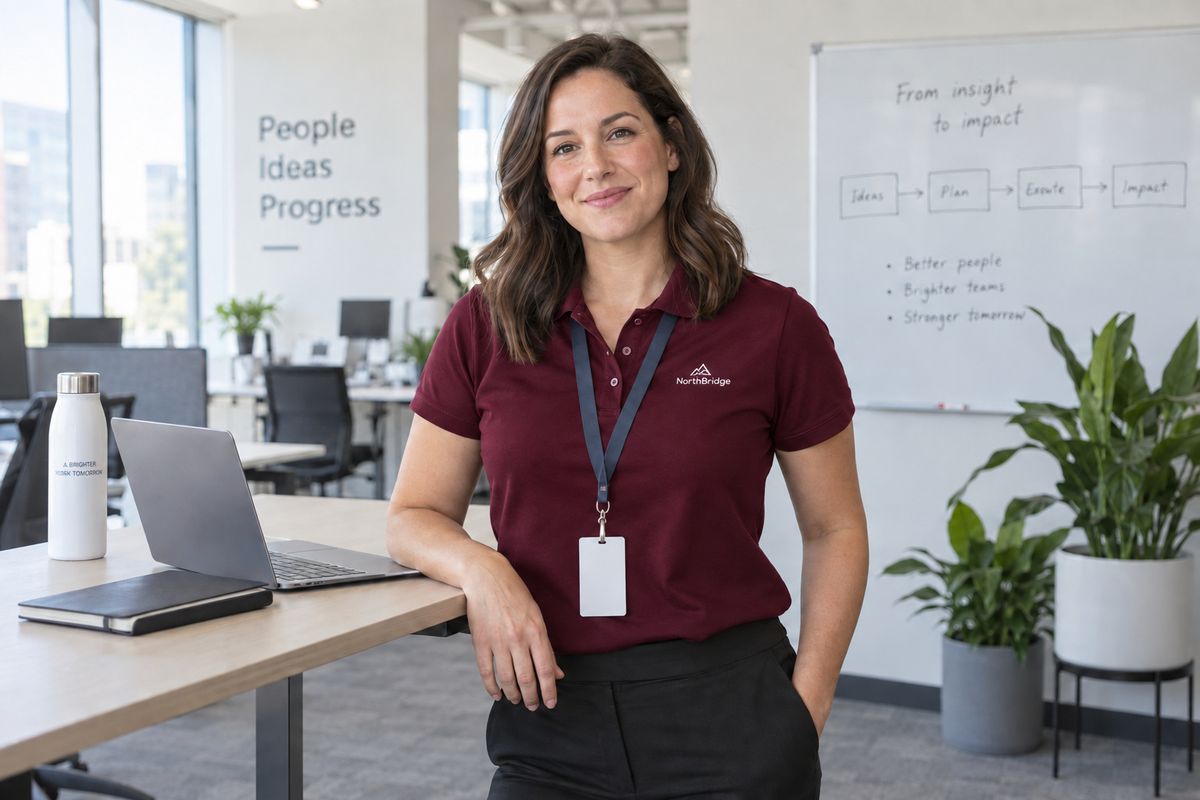 The same woman at the same desk with her polo changed to deep burgundy, her face and the whiteboard unchanged, and the printed line on the water bottle rebuilt as overlapping glyphs