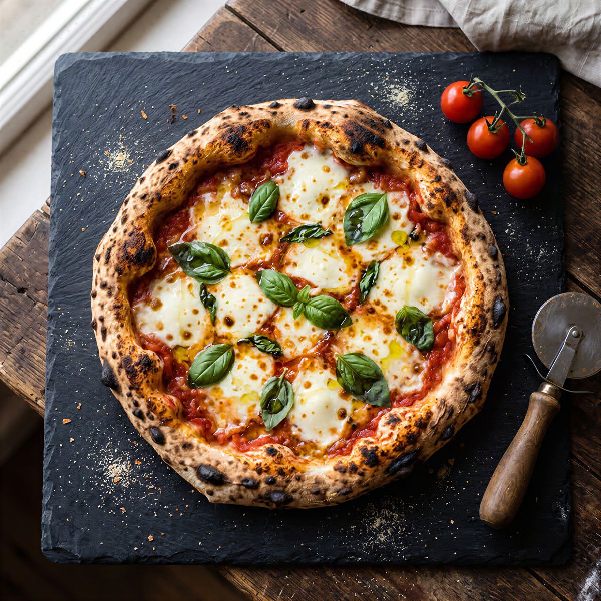 The pizza upscaled at high strength, with crisp blistered crust and stringy cheese texture