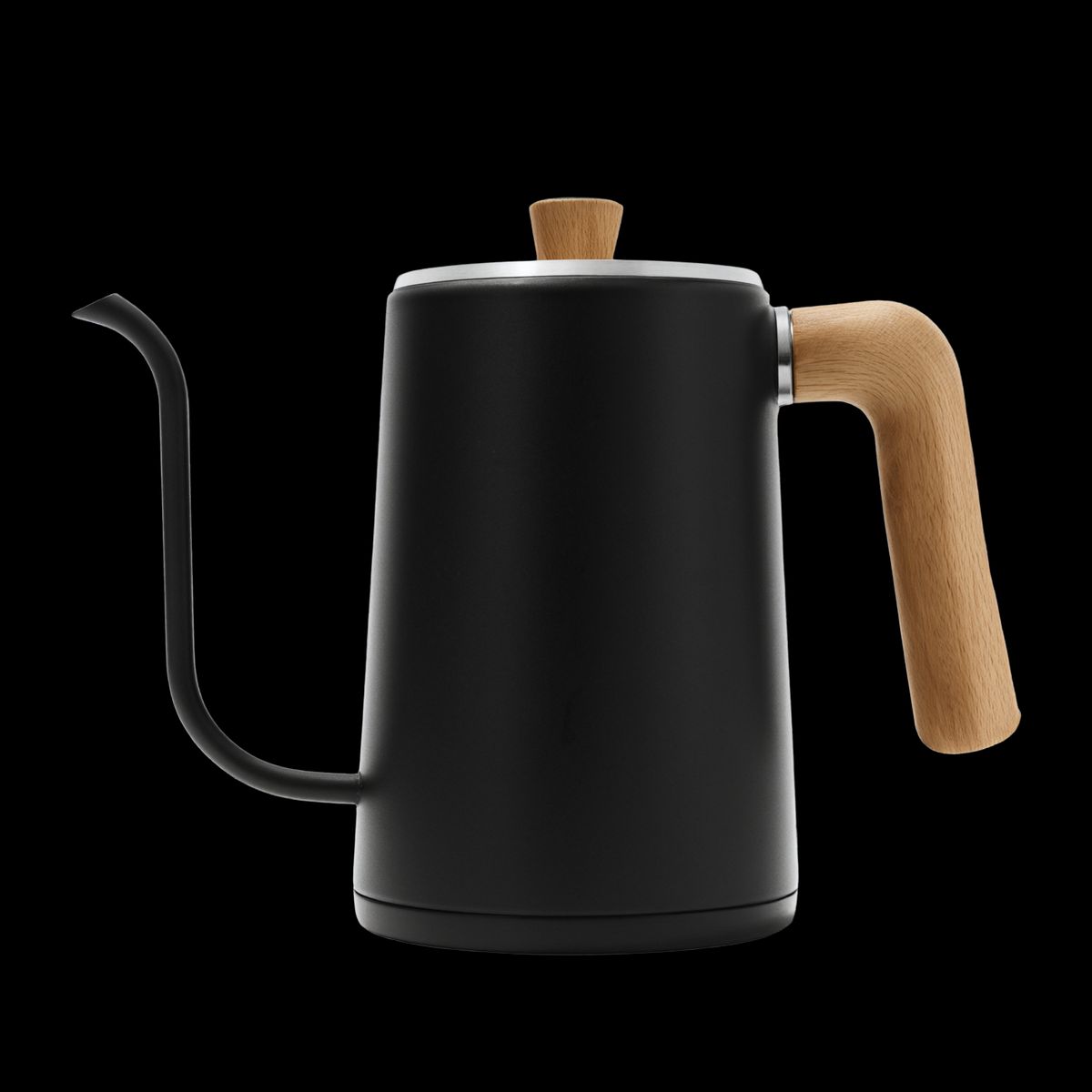 A matte black gooseneck kettle with a wooden handle, cut out with no background behind it