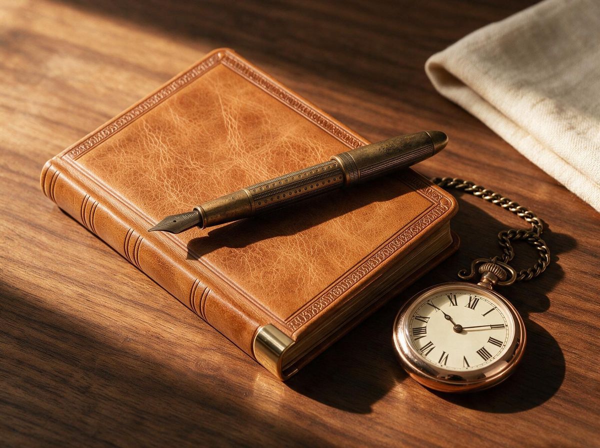 An editorial still-life composition of the leather journal, brass fountain pen, and rose-gold pocket watch arranged on a walnut desk with warm afternoon light