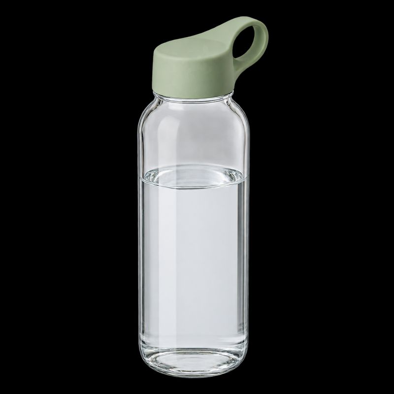 A clear glass water bottle with a pale green lid, half full of water, cut out with no background, the glass rendered as a pale near-opaque material
