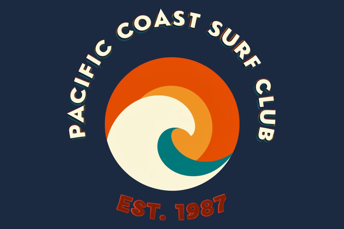 The same surf club graphic placed on a flat navy background