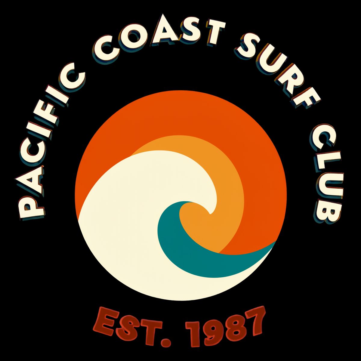 A retro badge graphic of a setting sun behind a wave in cream, burnt orange, and teal, with PACIFIC COAST SURF CLUB arched above and EST. 1987 below, on no background