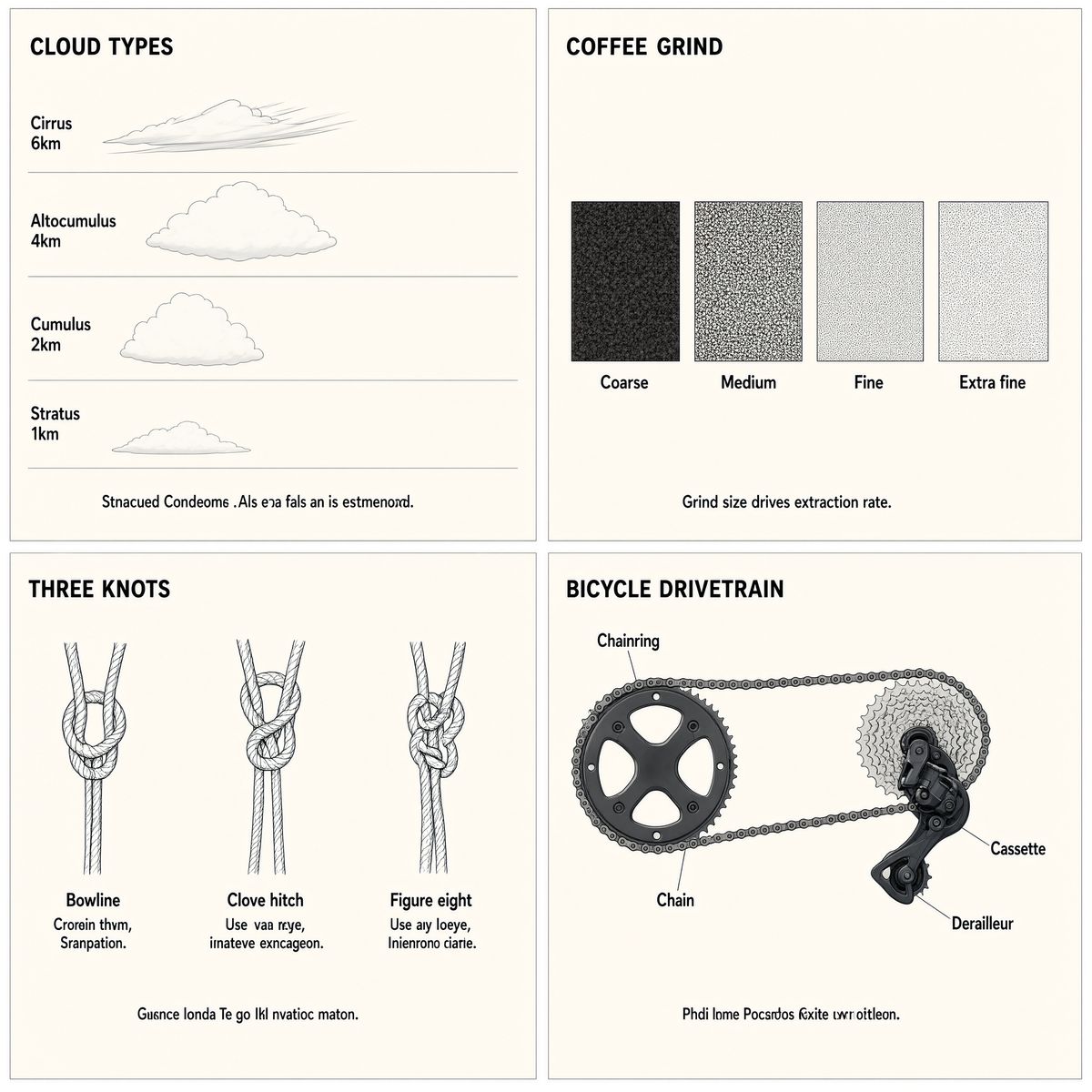 A 2x2 grid of four reference infographics covering cloud types, coffee grind sizes, three knots, and a bicycle drivetrain