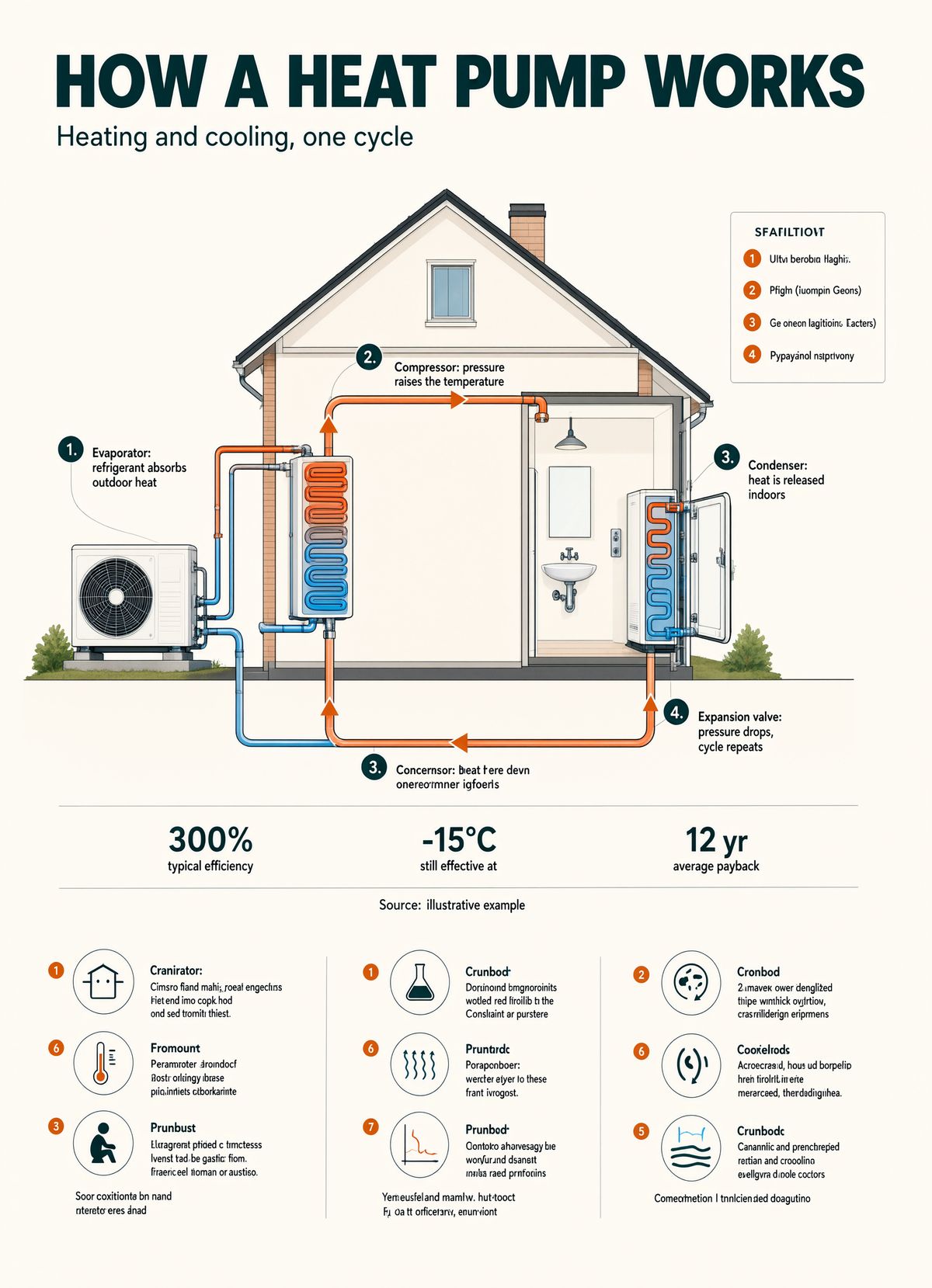 A teal and orange explainer poster titled HOW A HEAT PUMP WORKS, with a house cutaway diagram, four numbered callouts around a refrigerant loop, and a strip of three statistics