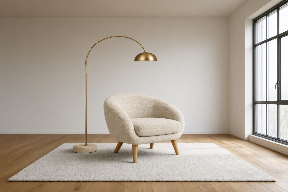 A boucle armchair on a wool rug beside a brass arc floor lamp in a sunlit room with oak floors and a tall window