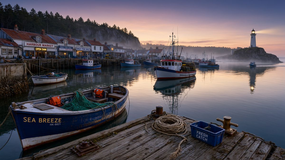 A misty fishing harbour at dawn with a blue wooden boat named Sea Breeze moored at a dock, coiled rope on the boards, fishing boats beyond, and a lighthouse against a pink sky
