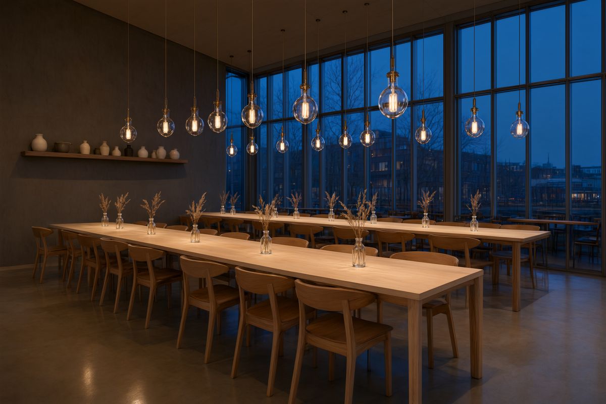 A Nordic restaurant dining room at blue hour with long pale timber tables, a wall of tall windows, and rows of glass pendants glowing amber over the tables
