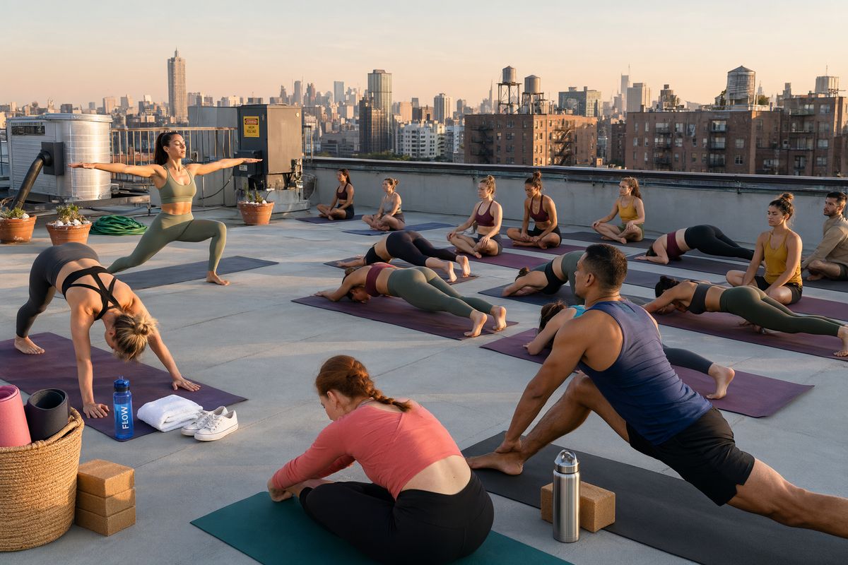 A yoga class on a city rooftop at sunrise, with an instructor holding her arms out and about a dozen students in different poses on mats, yoga blocks and water bottles beside them, and a skyline of brick buildings and water towers behind