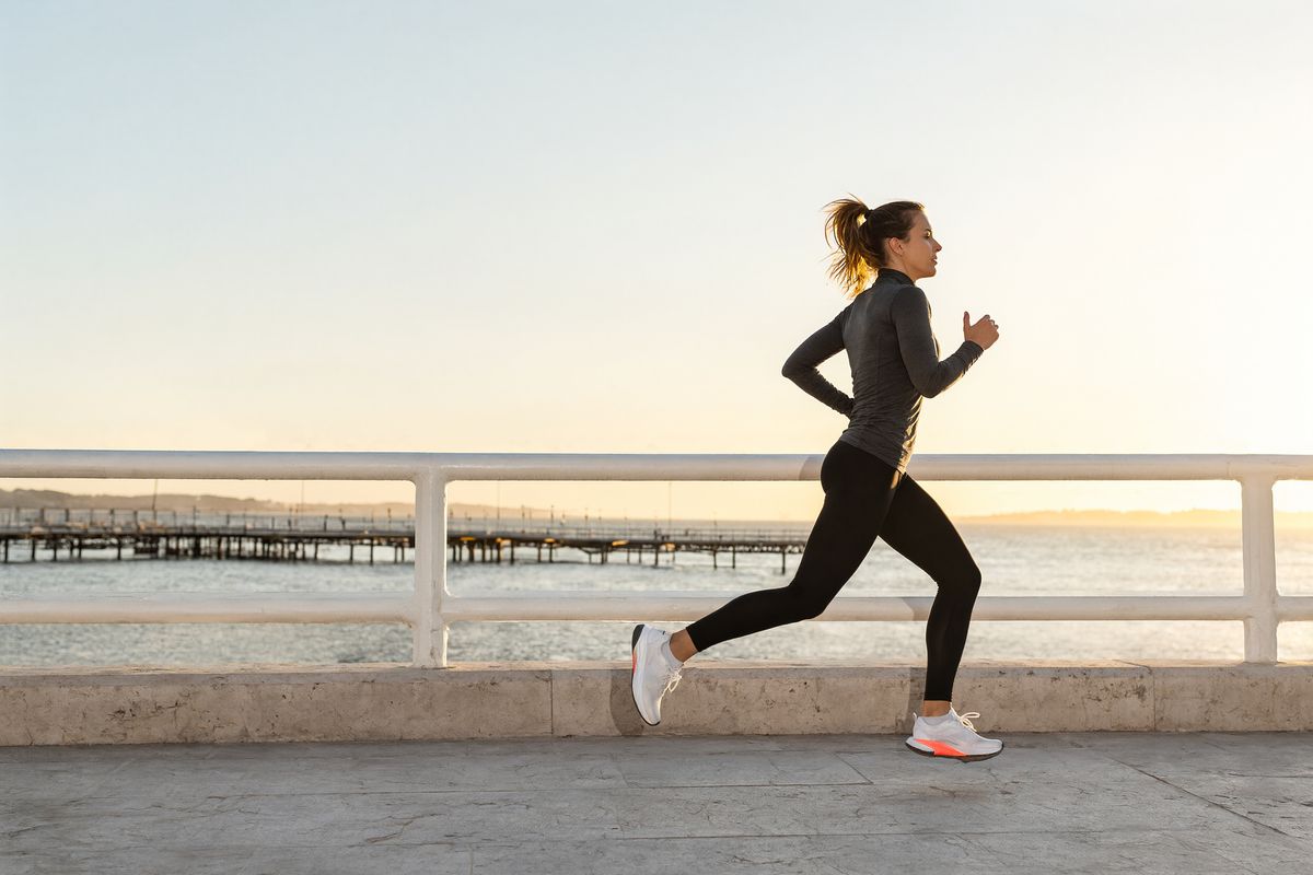 A woman in a charcoal long-sleeve top and black tights running mid-stride along a stone seaside promenade at sunrise, a white railing and a distant pier behind her