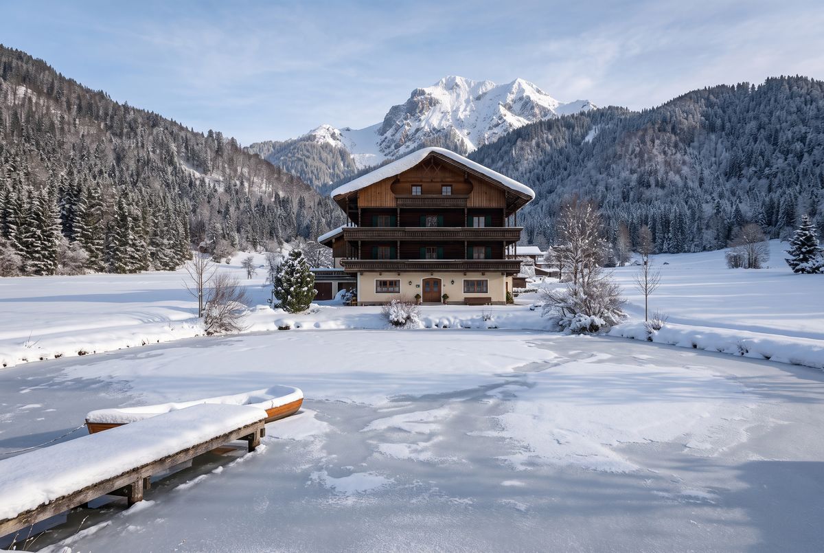 The same hotel, jetty, and peak in midwinter, with deep snow on the roofs, balconies, and meadows, a frozen lake, and a low sun casting long blue shadows
