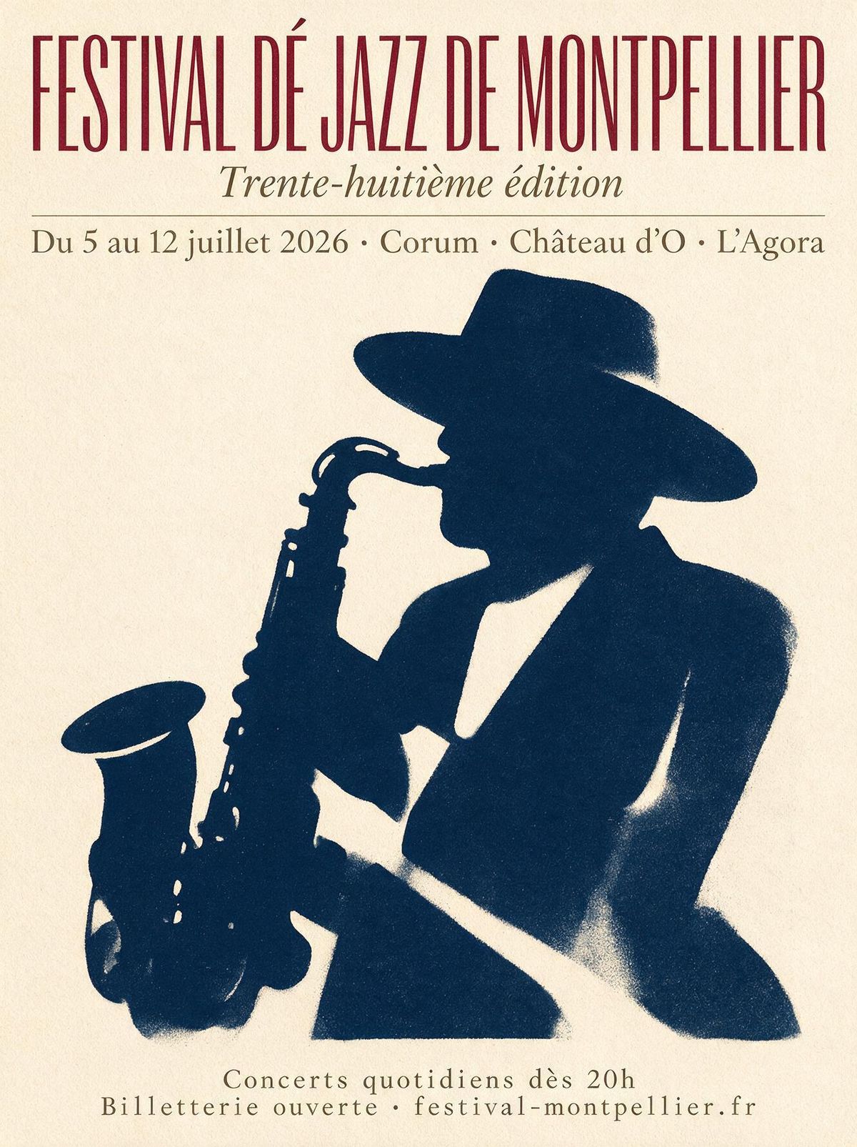 A French jazz festival poster titled FESTIVAL DE JAZZ DE MONTPELLIER with subtitle Trente-huitième édition, dates, venues, and a stylised silhouette of a saxophonist in a wide-brim hat