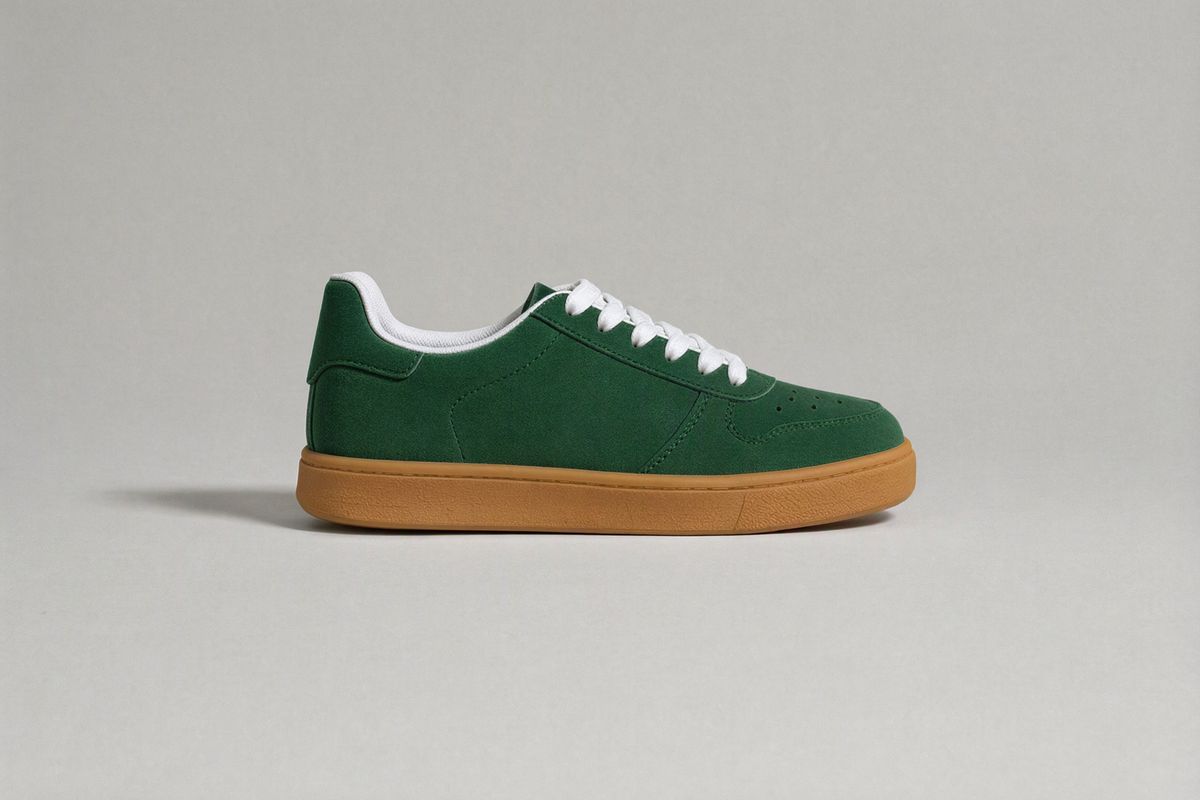 The same sneaker with a forest green suede upper and a honey gum sole, white laces and toe perforations unchanged