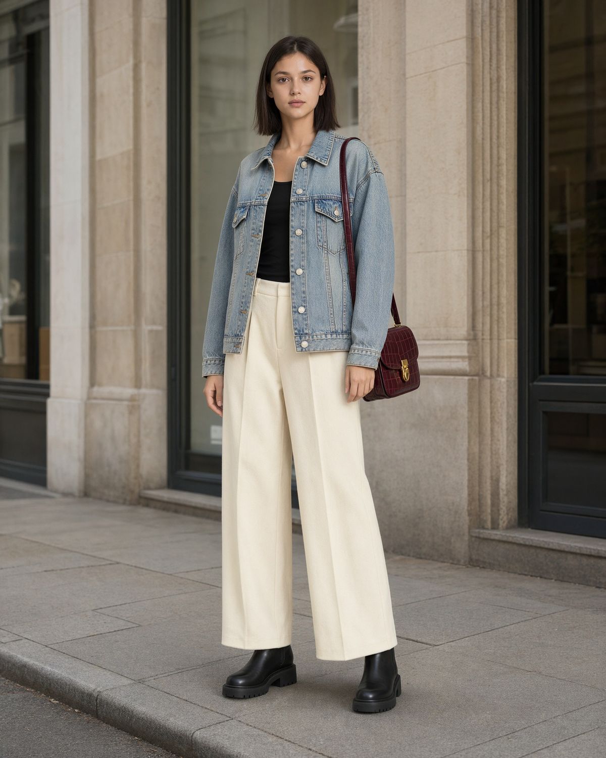 A woman in a light-wash denim jacket over a black tank top, cream wide-leg trousers, and black lug-sole boots, carrying a burgundy shoulder bag, standing on a sidewalk in front of a limestone storefront