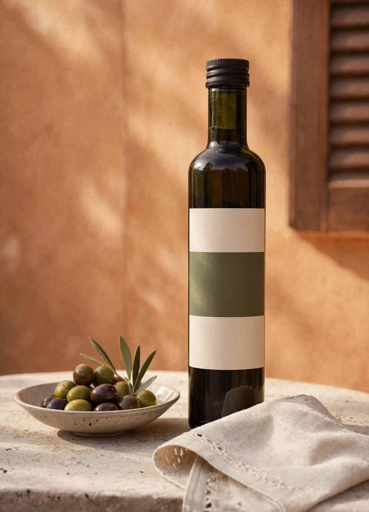 A vertical brand marketing banner featuring a tall amber-glass olive-oil bottle with a warm cream label on a sunlit Mediterranean stone counter, beside a small ceramic dish of green and purple olives and a folded cream linen napkin