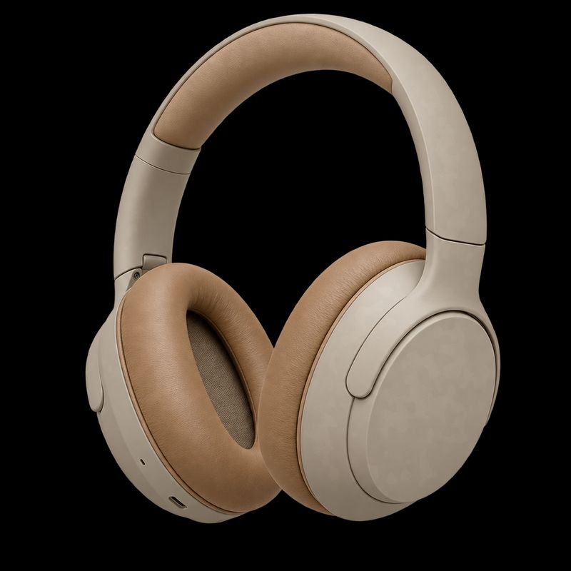 A pair of matte sand over-ear headphones with tan leather earpads in three-quarter view, cut out with no background behind them