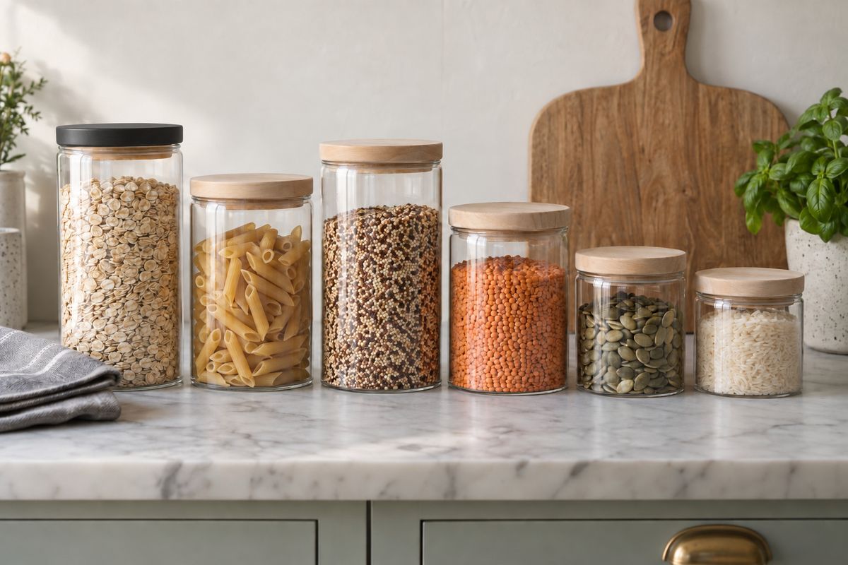 The same worktop with the tallest jar's lid changed to matte black and the five other pale wooden lids unchanged