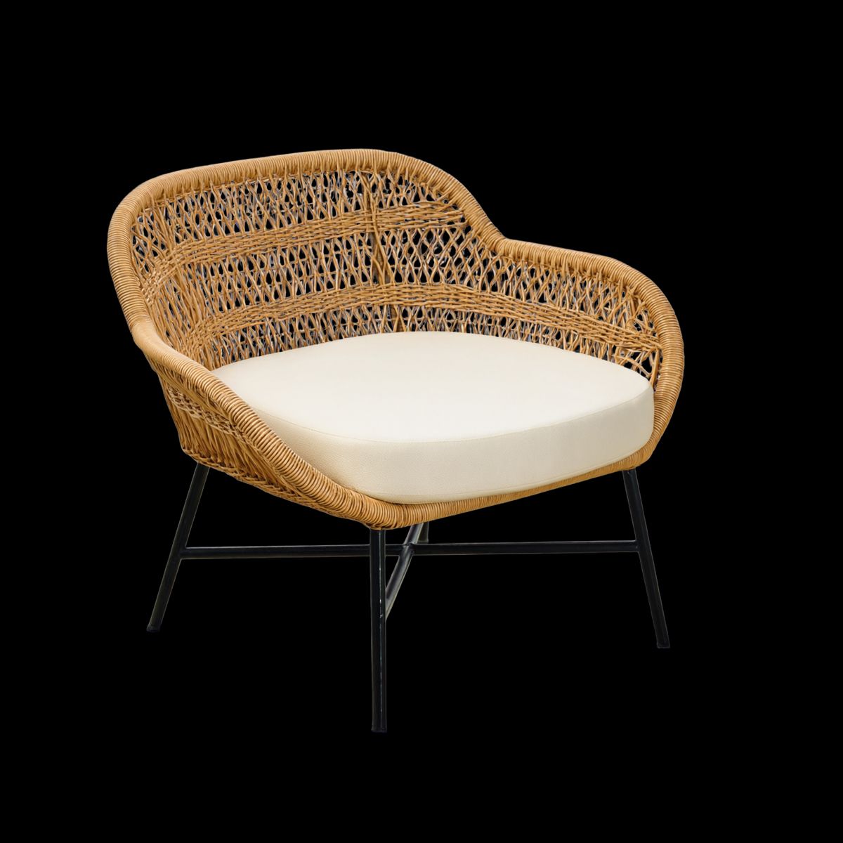 A rattan lounge chair with a rounded back, a cream seat cushion, and slim black metal legs, cut out with no background behind it