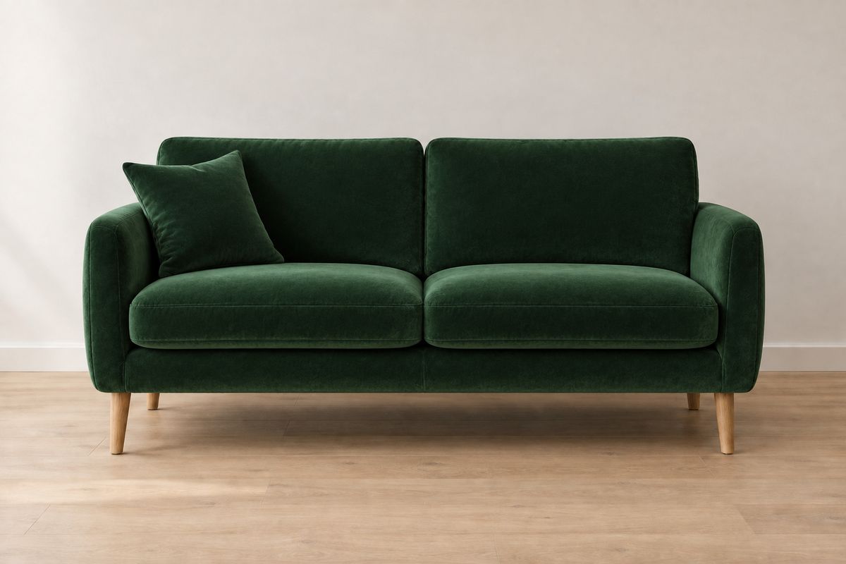 The same sofa in the same room with its upholstery changed from oatmeal bouclé to deep forest green velvet, the oak legs, grey cushion and shadow unchanged