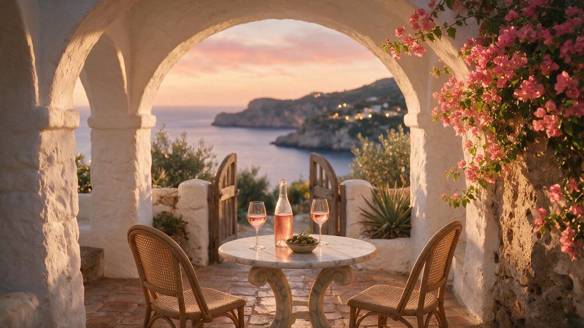 A wide cinematic boutique hotel brand campaign hero of a whitewashed Mediterranean coastal courtyard at golden hour, with a small round marble bistro table set with chilled rosé and two glasses in the foreground, and an open view through an arched garden gate to a Mediterranean bay at dusk
