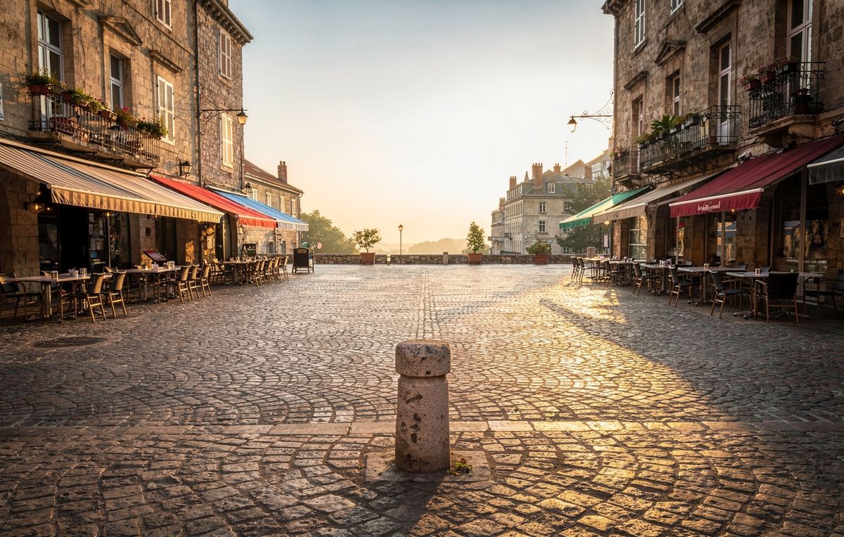Cobblestone plaza with the bicycle removed