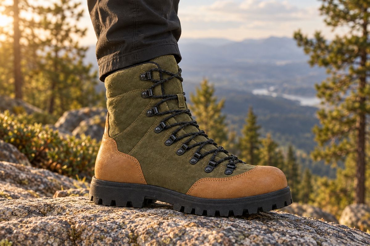 A two-tone olive and tan leather hiking boot with black lacing planted on a granite slab, worn by a hiker in dark technical trousers, with pine trees and a valley blurred behind