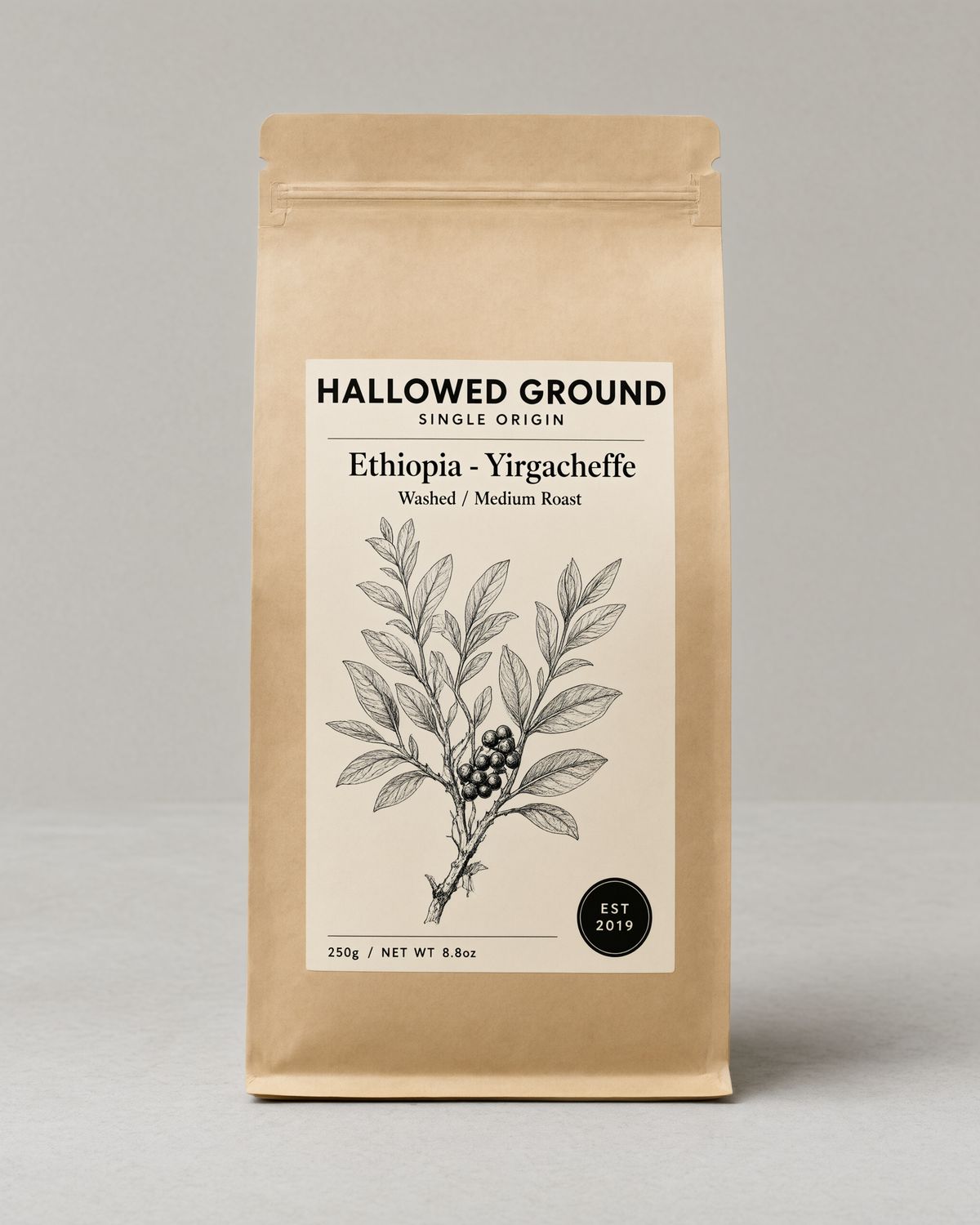 A kraft coffee bag labelled HALLOWED GROUND, SINGLE ORIGIN, Ethiopia - Yirgacheffe, Washed / Medium Roast, with a botanical illustration, an EST 2019 seal, and 250g / NET WT 8.8oz