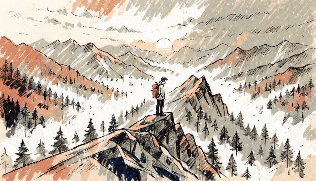 Editorial magazine illustration of a lone hiker with a red backpack standing on a rocky mountain ridge at sunrise, looking down at a valley of pine trees wrapped in morning mist, warm golden light on the peaks