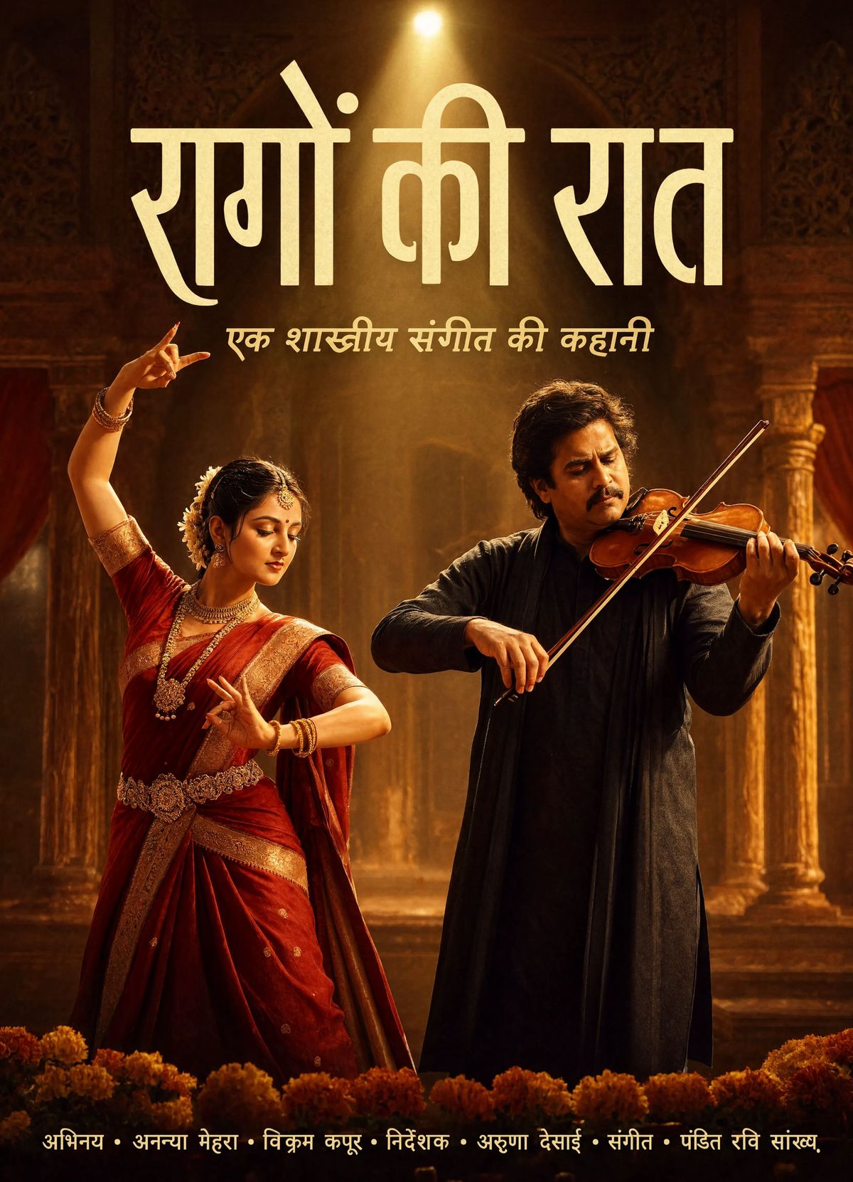 A Hindi film poster showing a female classical dancer in a crimson silk sari and a male violinist in a charcoal kurta on a warm marigold-lit stage, with the Devanagari title रागों की रात across the top, a Devanagari subtitle below, and a dense credits row at the bottom